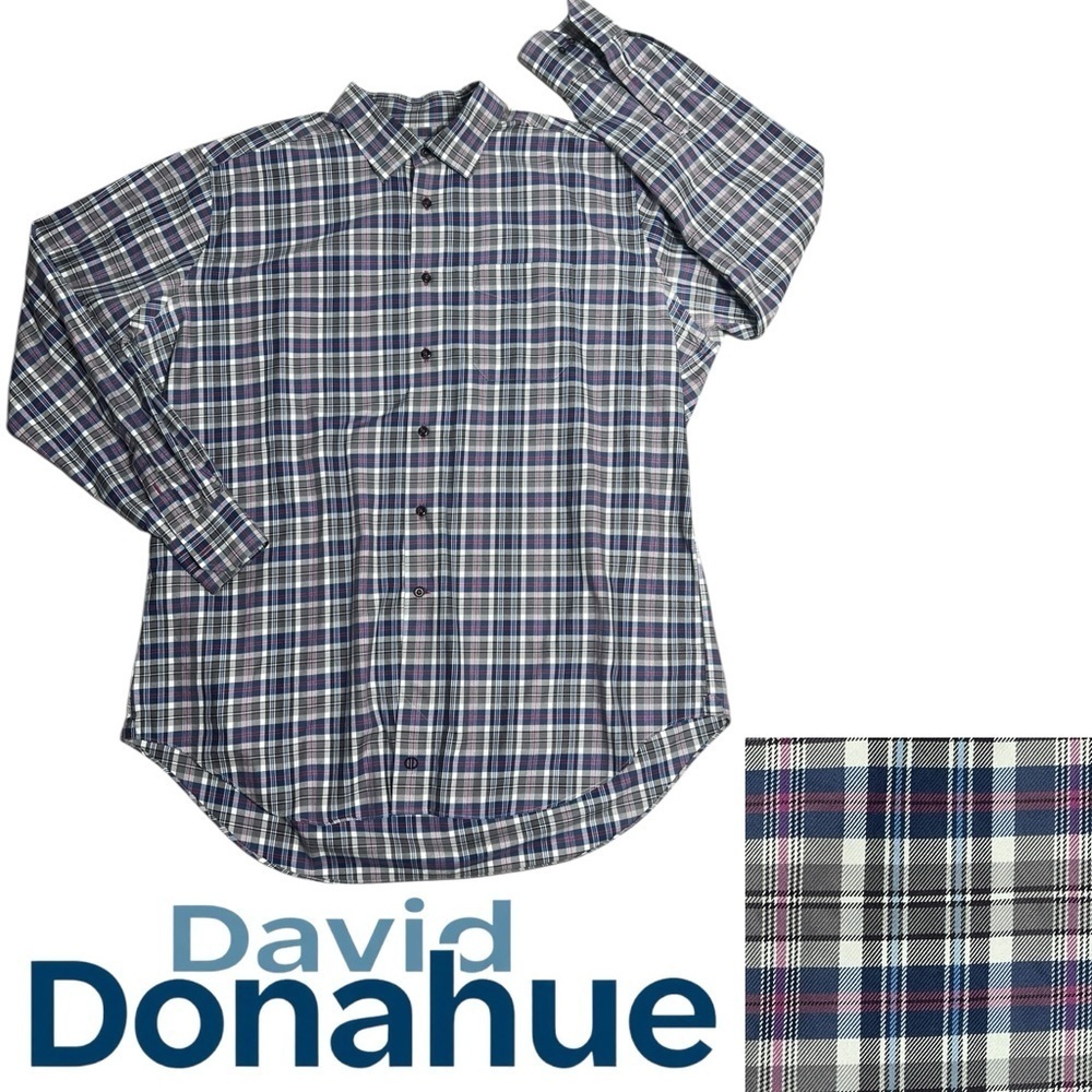 David Donahue big and tall XXL Gray Pink Blue Plaid Button Down Dress Shirt - Picture 11 of 11